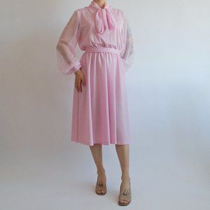70s pastel pink a-line semi sheer disco dress w/ sheer sleeves & bow neck